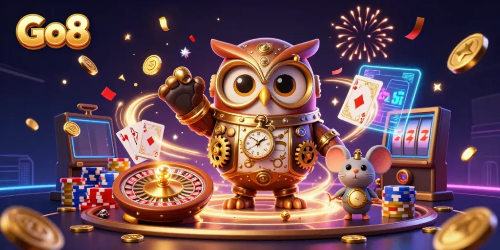 Engage with Go8 in this vibrant 3D casino scene featuring a time-traveling owl and cascading riches.