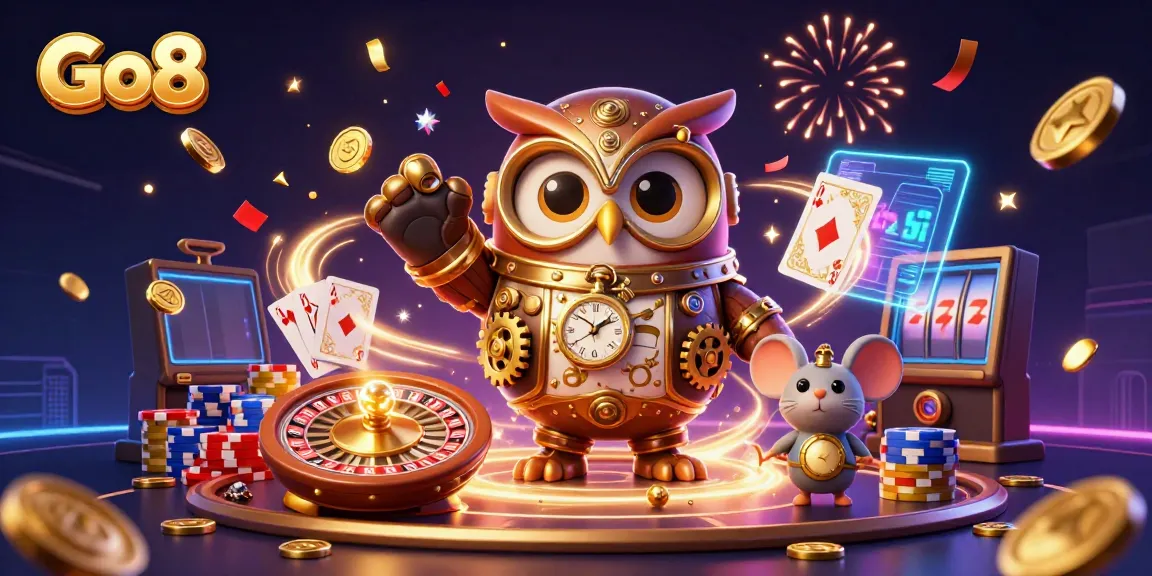 Engage with Go8 in this vibrant 3D casino scene featuring a time-traveling owl and cascading riches.
