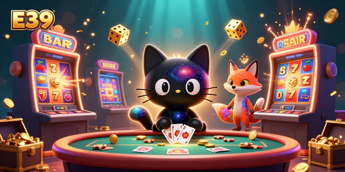 Engaging gameplay action at the E39 cosmic casino with a black hole cat and nebula fox.
