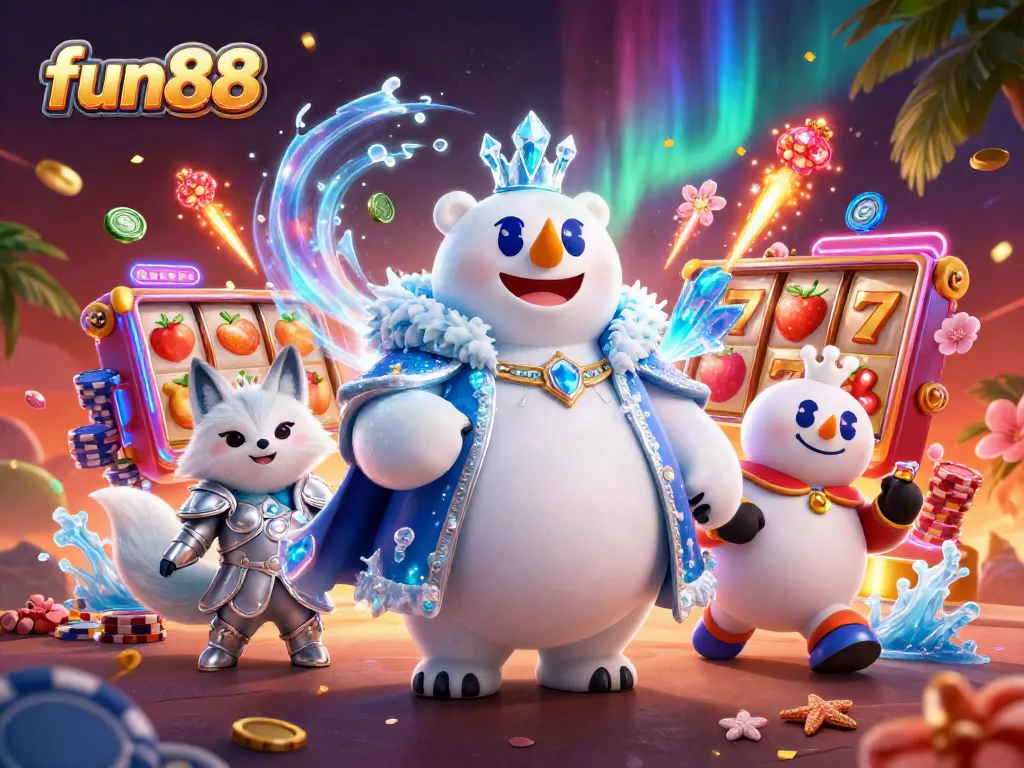 Engage in fun88-inspired slot games with vibrant visuals in this dynamic 3D illustration.