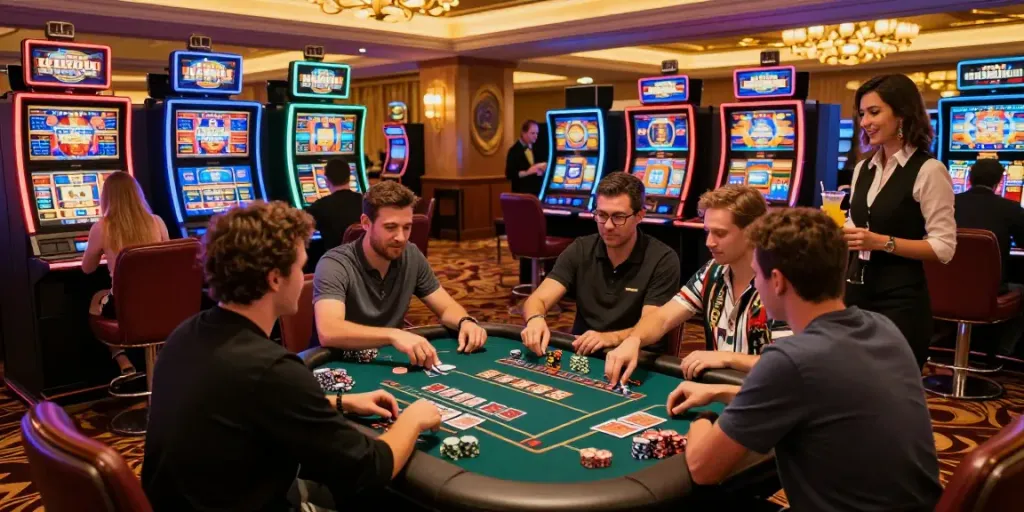 Exciting scene of players enjoying Casino Gratuit sans depot at a vibrant casino.