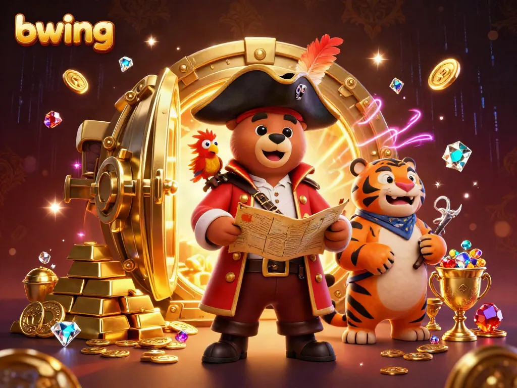 Bwing casino illustration featuring a pirate bear, a tiger, and gold treasures, showcasing an engaging gaming atmosphere.