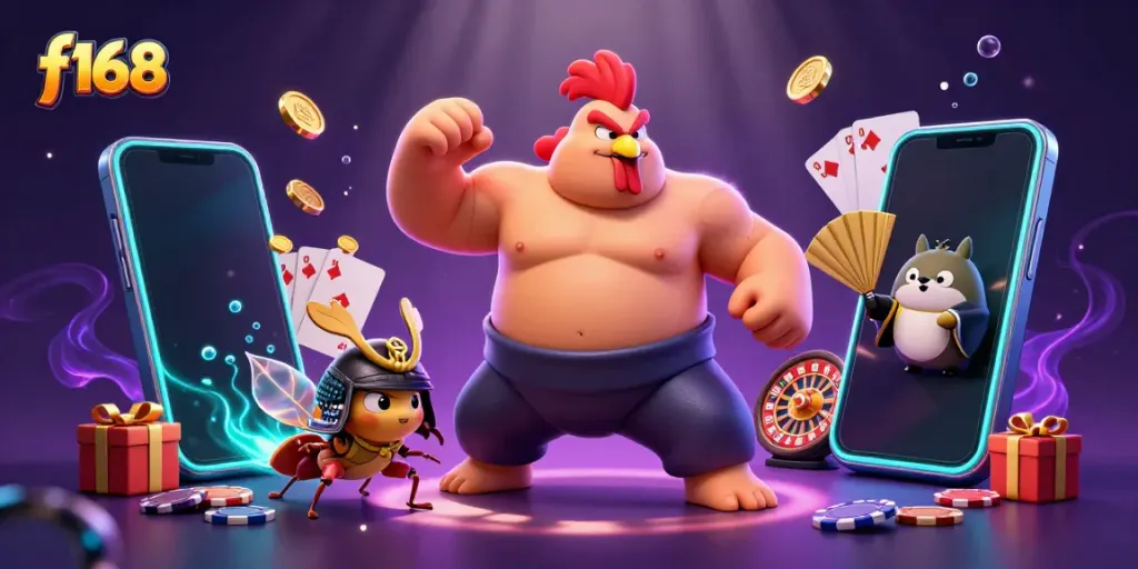 f168 showcases thrilling casino action with a powerful sumo rooster, samurai cricket, and tanuki announcer amid vibrant game elements.