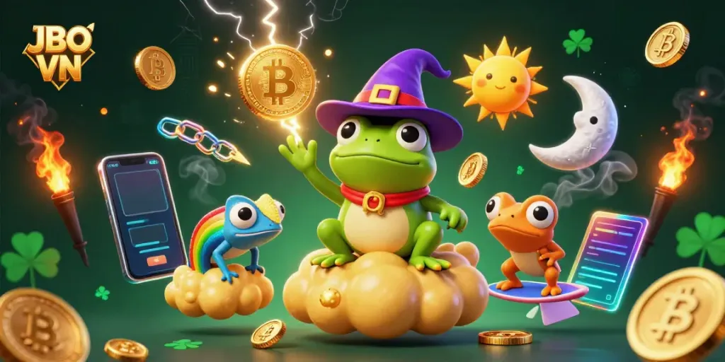 Bet on JBO VN with vibrant, engaging 3D illustration of a frog wizard and chameleon creating a coin storm.