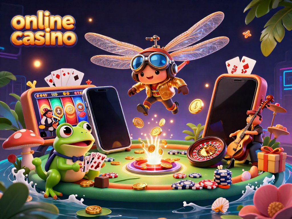 Experience the excitement of an online casino, with vibrant characters, games, and dynamic elements.