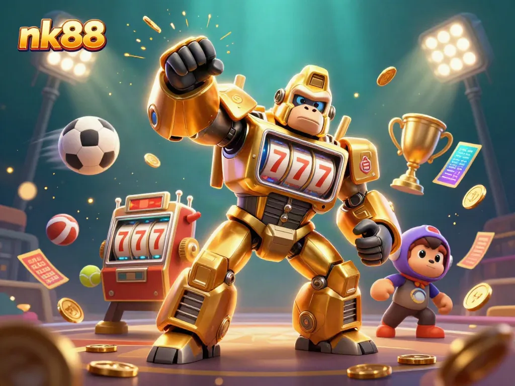 Engage with nk88's thrilling slot machine adventure featuring dynamic sports elements and a golden gorilla mech.