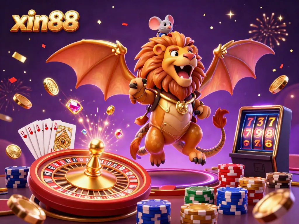 Experience the thrill of xin88 with a vibrant scene of golden coins and a mighty chimera soaring through a lively casino setting.