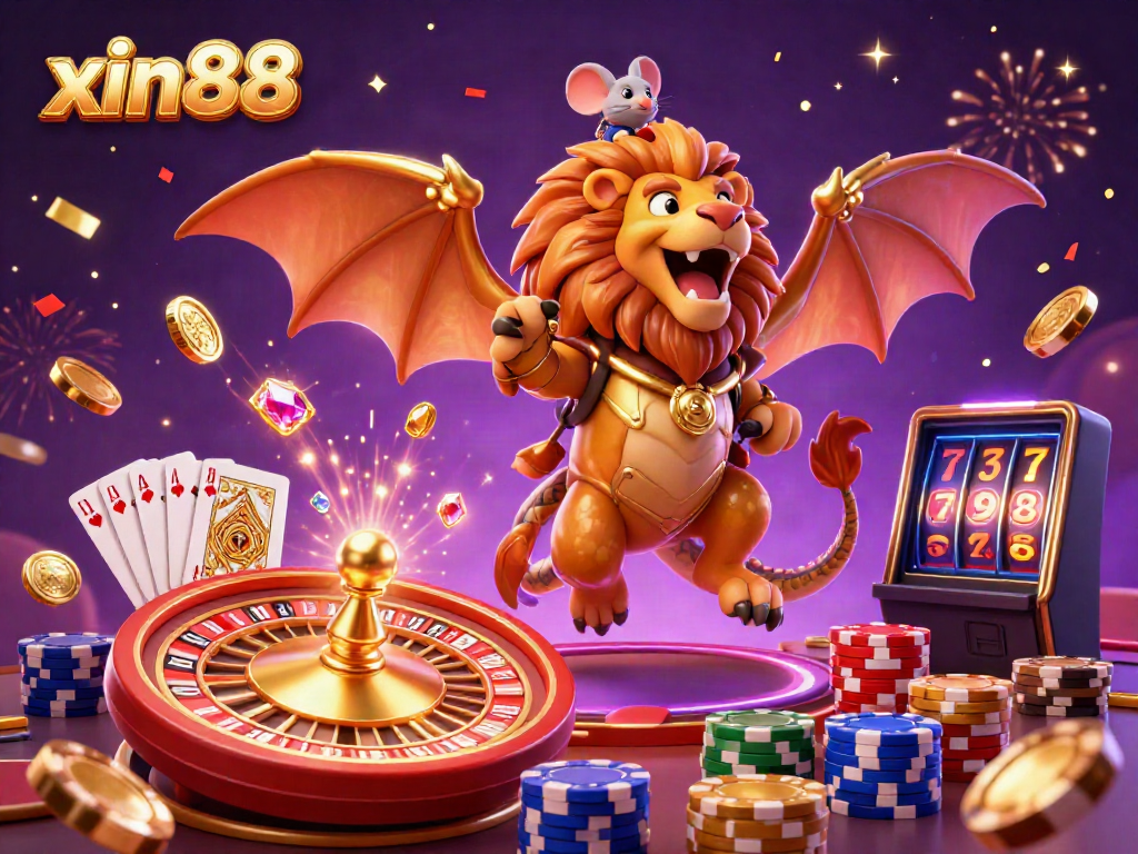 Experience the thrill of xin88 with a vibrant scene of golden coins and a mighty chimera soaring through a lively casino setting.
