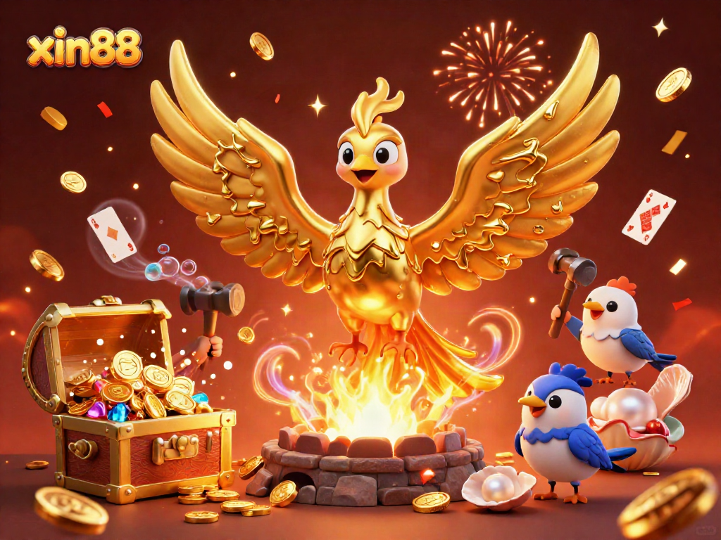 Experience the energy of xin88 with a magical phoenix emerging from molten gold surrounded by gaming treasures.