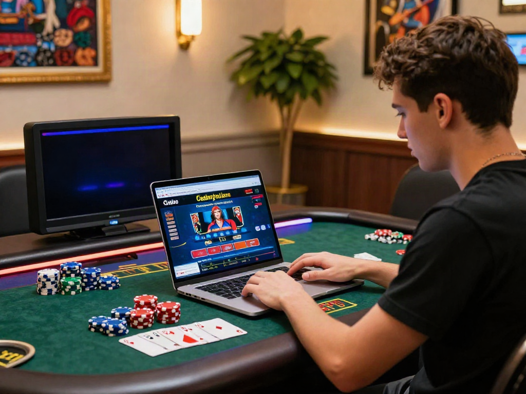 Engaging Casino En Ligne gaming scene with a stylish setup, colorful chips, and laptop.