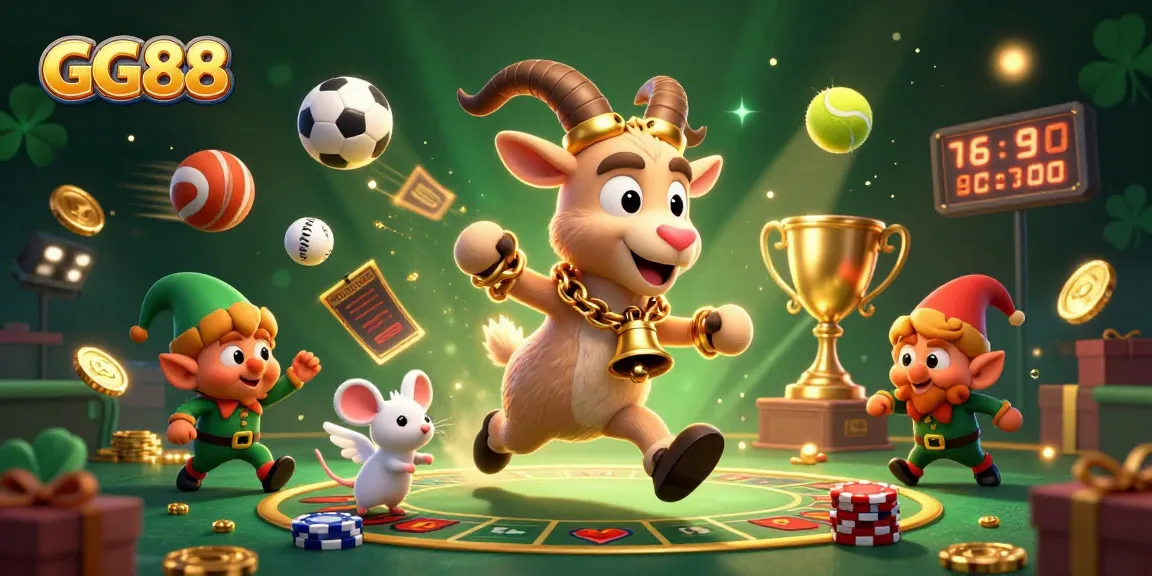 Experience the thrill of GG88 with an exciting casino scene featuring festive characters and lively elements.