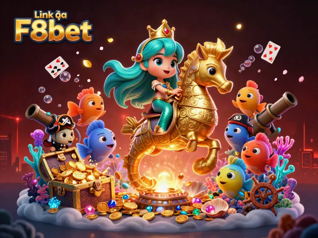 Engaging scene of underwater casino adventure with the mermaid princess and her seahorse, highlighting Link vào F8bet features.