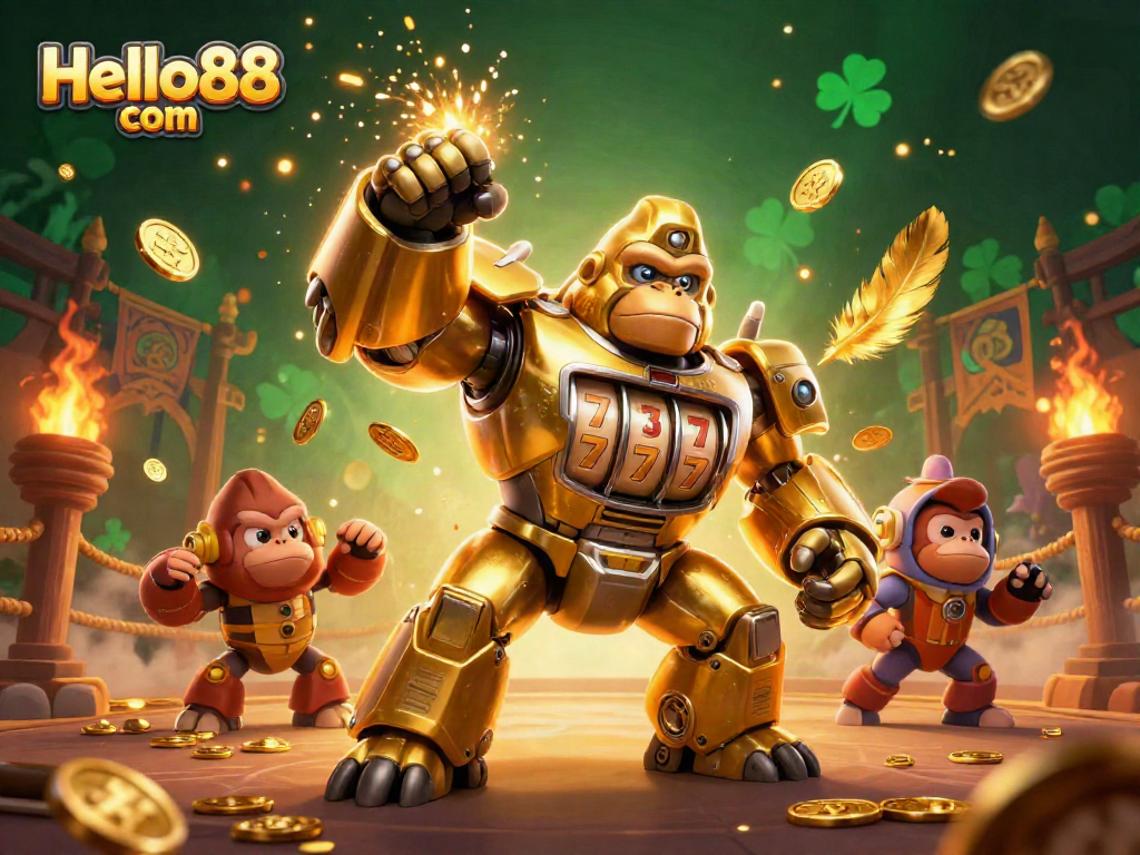 Engage with thrilling gameplay at Hello88 com featuring a magnificent golden gorilla mech and dynamic casino elements.