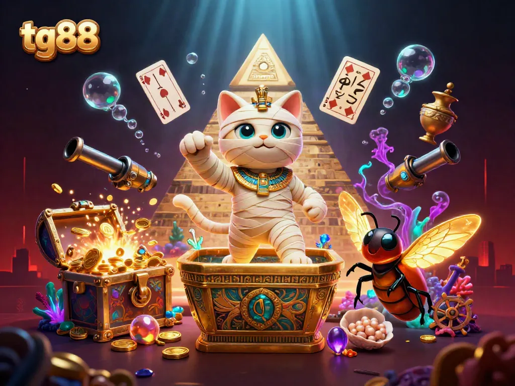 Experience thrilling gameplay at tg88, featuring a 3D Egyptian mummy cat and vibrant casino elements.