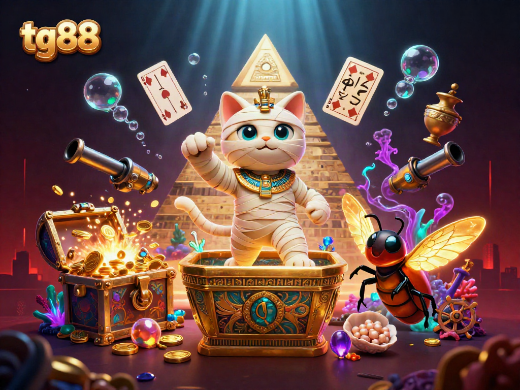 Experience thrilling gameplay at tg88, featuring a 3D Egyptian mummy cat and vibrant casino elements.