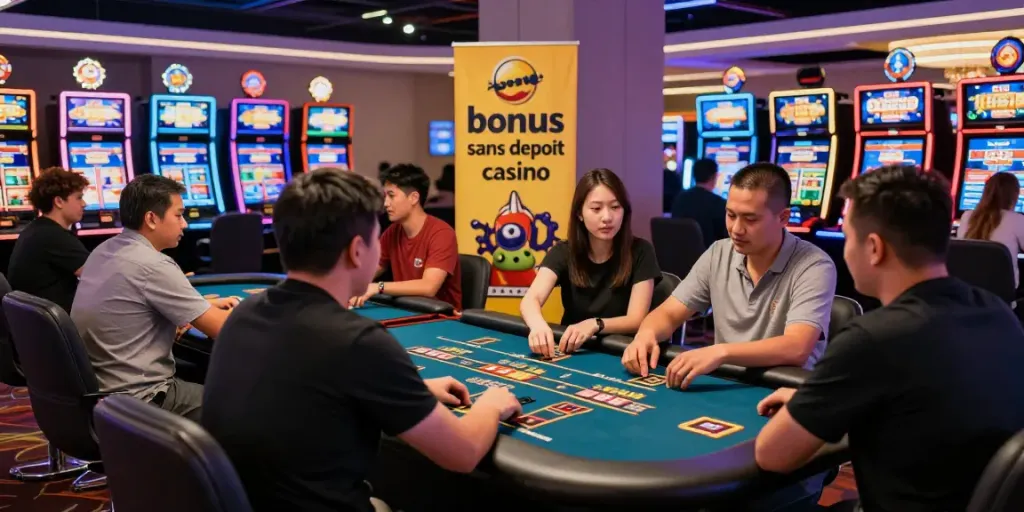 Exciting scene at a casino showcasing players enjoying games and bonus sans depot casino promotions.