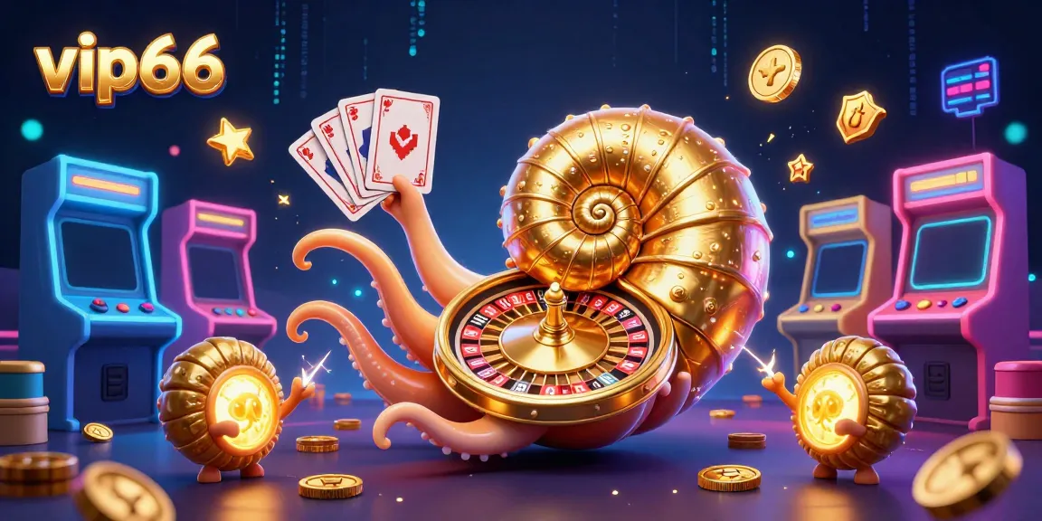 Engage with the vibrant world of vip66, featuring a giant nautilus roulette with glowing cards and colorful arcade machines.