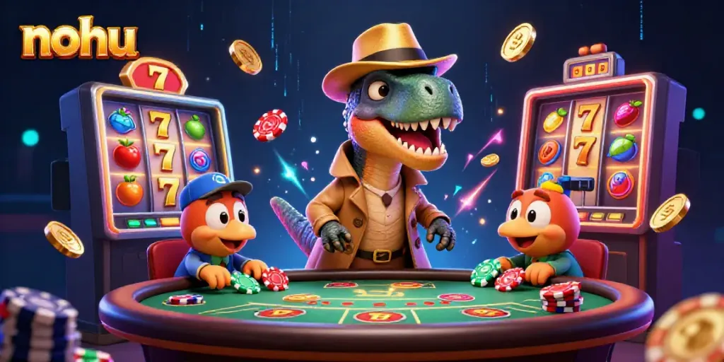 Engage with nohu's thrilling blackjack action featuring a velociraptor and stegosaurus characters in a vibrant casino scene.