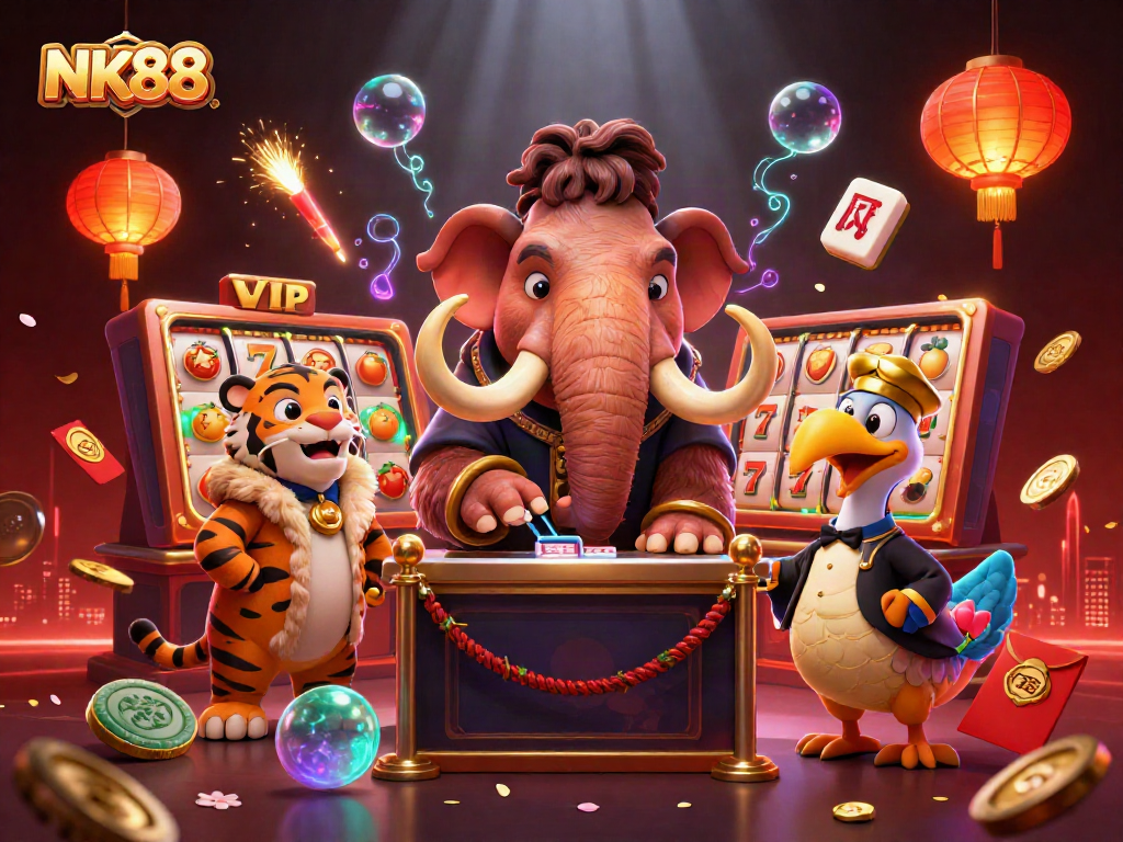 Experience thrilling games at NK88 with a vibrant casino scene featuring unique characters.