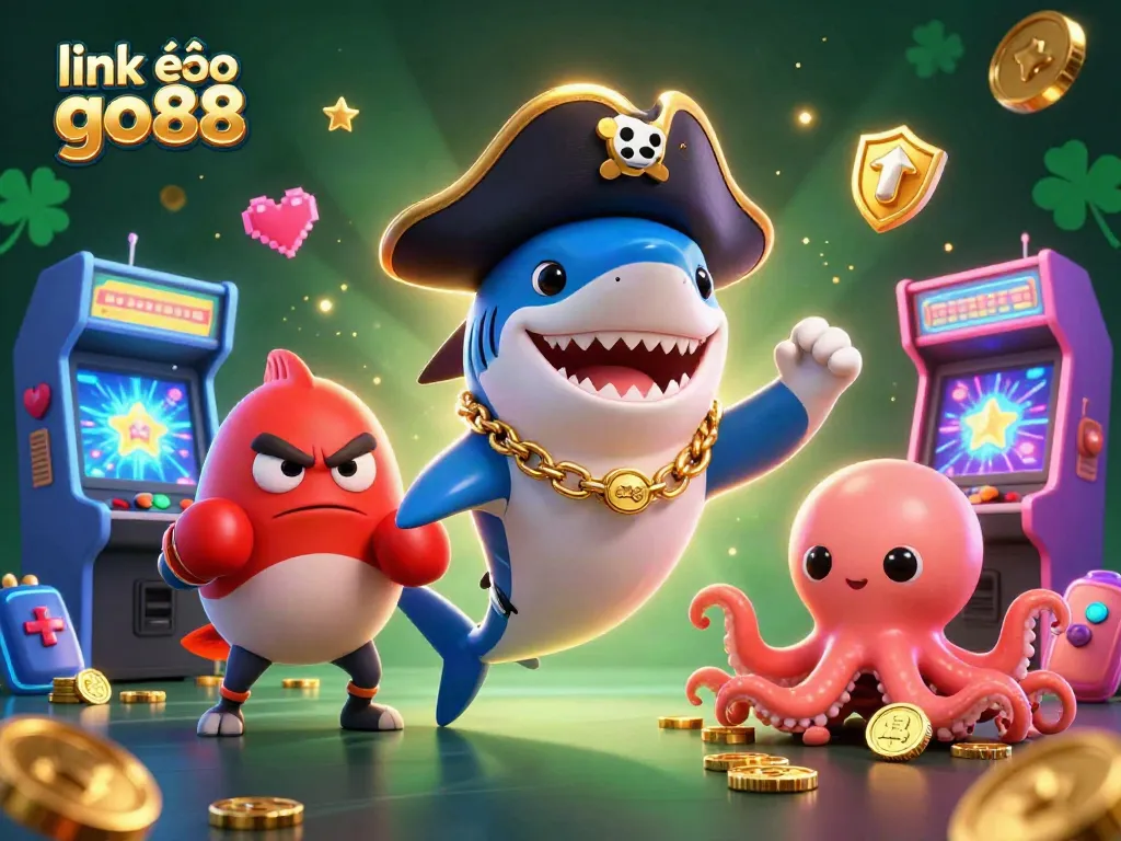 Engage in exciting gameplay as you link vào go88 at this vibrant casino-themed 3D digital illustration filled with characters and gaming elements.