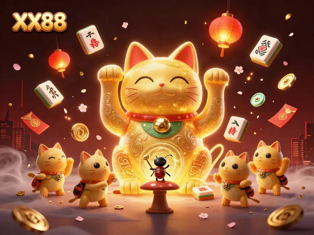 Experience the joy of gambling with XX88 through a vibrant, animated lucky cat illustration.