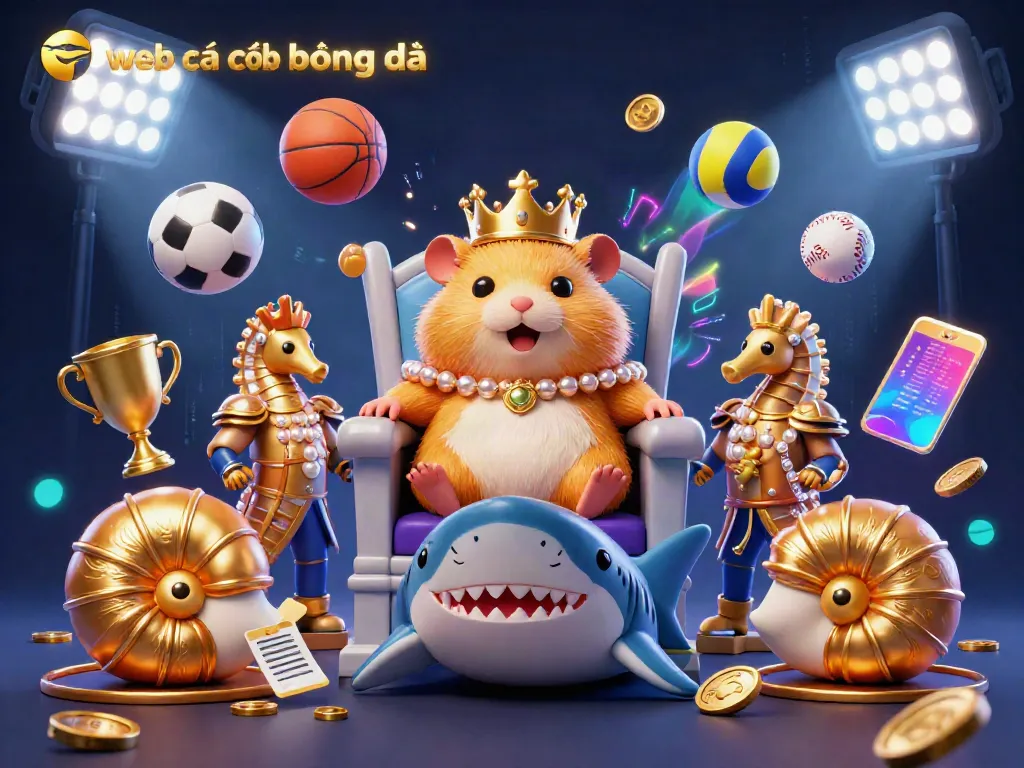Engage with the ultimate web cá cược bóng đá scene featuring a golden hamster king on a megalodon throne surrounded by vibrant sports elements.