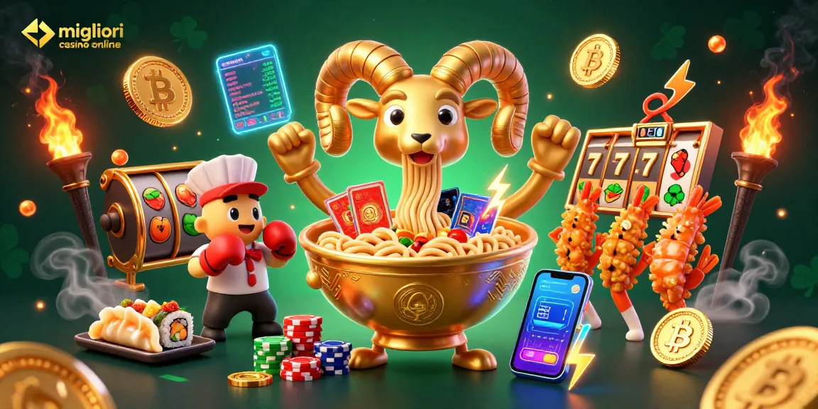 Illustrazione 3D di un enorme ramen che distribuisce carte nei migliori casino online con simboli di gioco