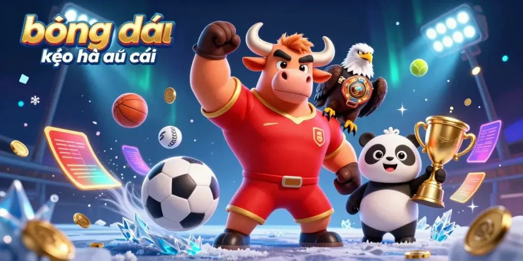 Experience the thrill of bóng đá kèo nhà cái with our dynamic 3D sports illustration featuring playful cartoon mascots and vibrant betting elements.
