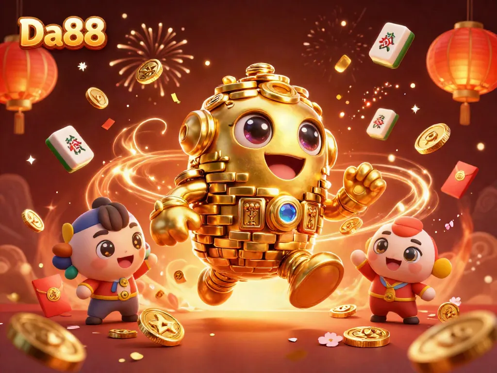 Engage with Da88’s vibrant casino scene featuring a golem of golden coins and dynamic gaming elements.