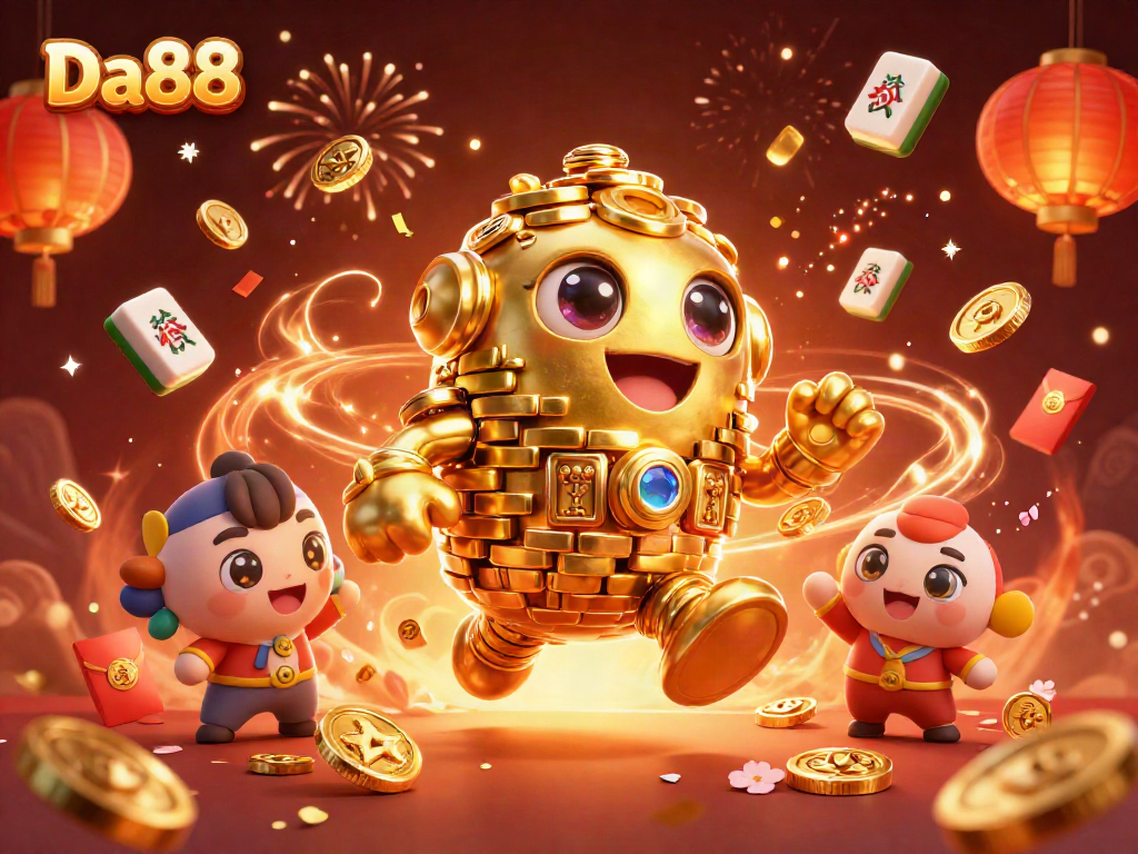 Engage with Da88’s vibrant casino scene featuring a golem of golden coins and dynamic gaming elements.