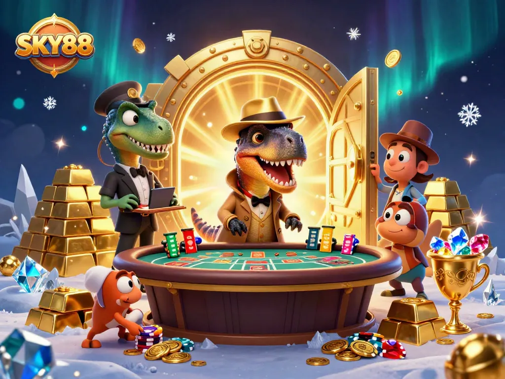 Experience thrilling gameplay at SKY88 with a velociraptor card counter at a casino table