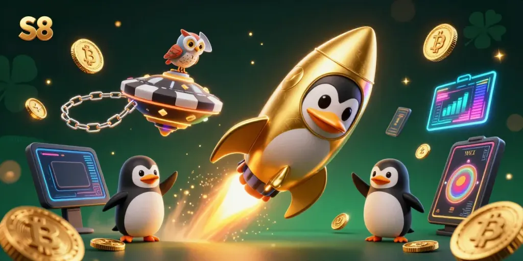 Win with S8: A golden penguin and crypto coins racing toward a vibrant casino in space.