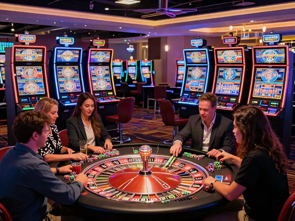 Casino Gratuit scene with players enjoying slot machines and roulette, vibrant atmosphere.