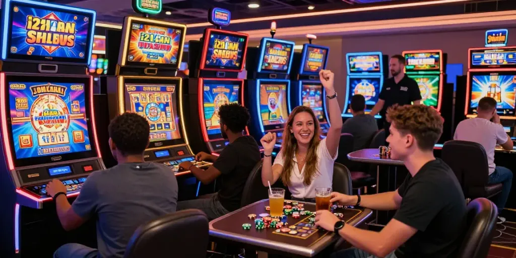 Exciting gaming moment at i24Slots Casino with diverse players celebrating wins.