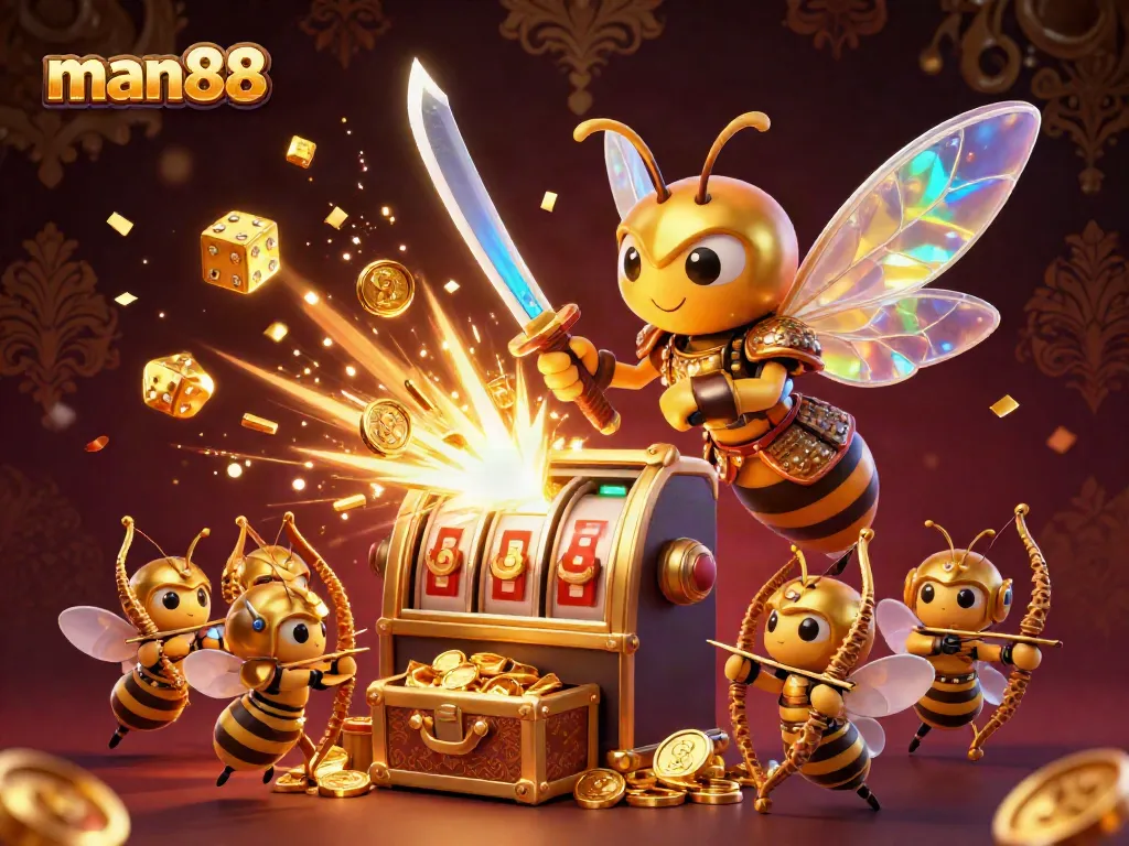 Experience the excitement with man88 as a golden hornet samurai battles around a jackpot slot machine exploding with coins.