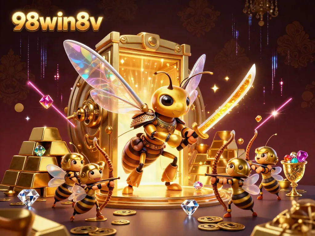 Experience the thrill of gaming with the vibrant 98win8v scene featuring a golden hornet samurai and treasure galore.