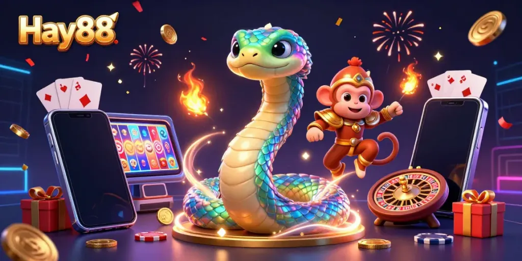 Engaging scene with the Hay88 rainbow serpent and monkey king celebrating casino wins amid magical lights and games.