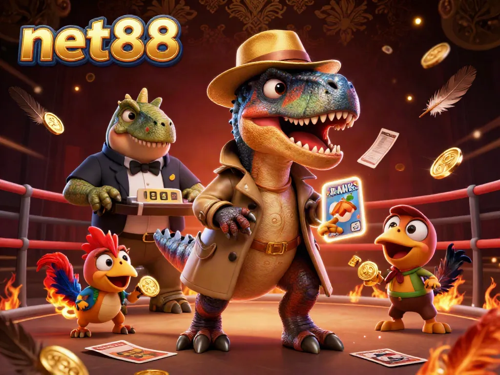 net88 showcases a lively cockfighting scene with dynamic characters and gambling elements