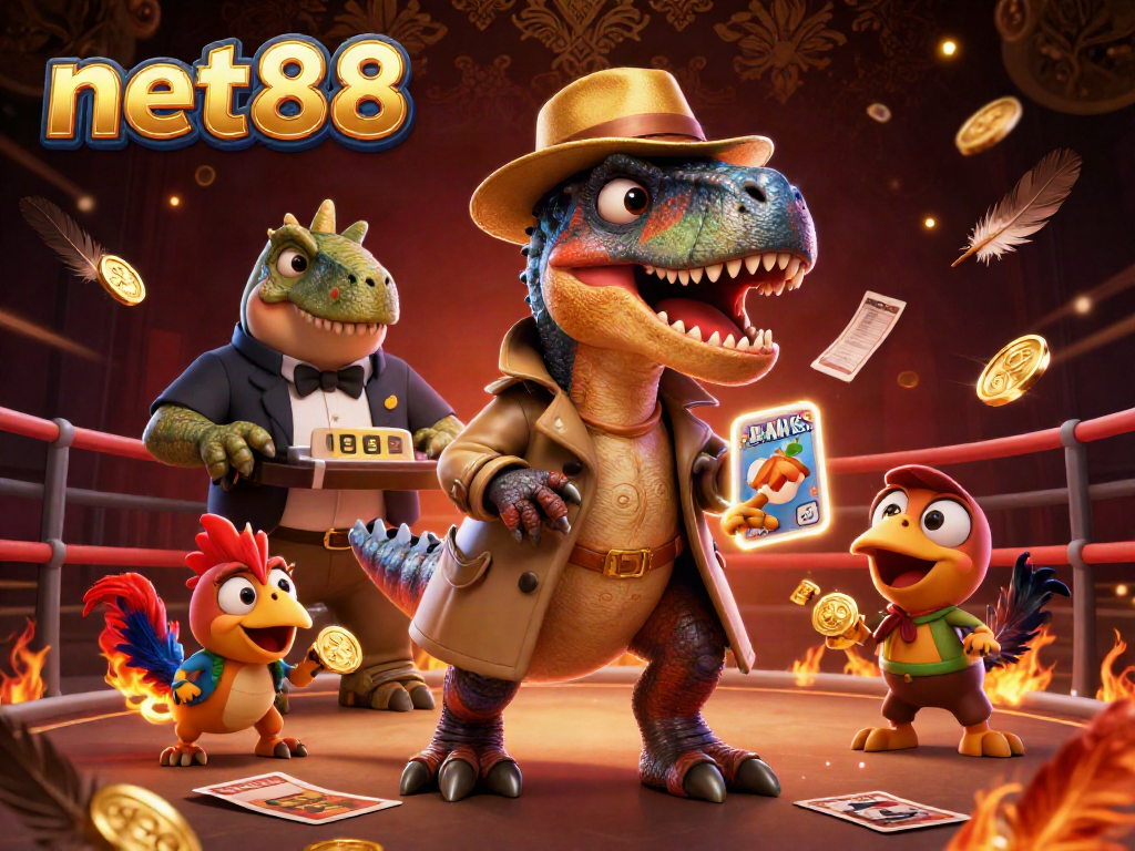 net88 showcases a lively cockfighting scene with dynamic characters and gambling elements