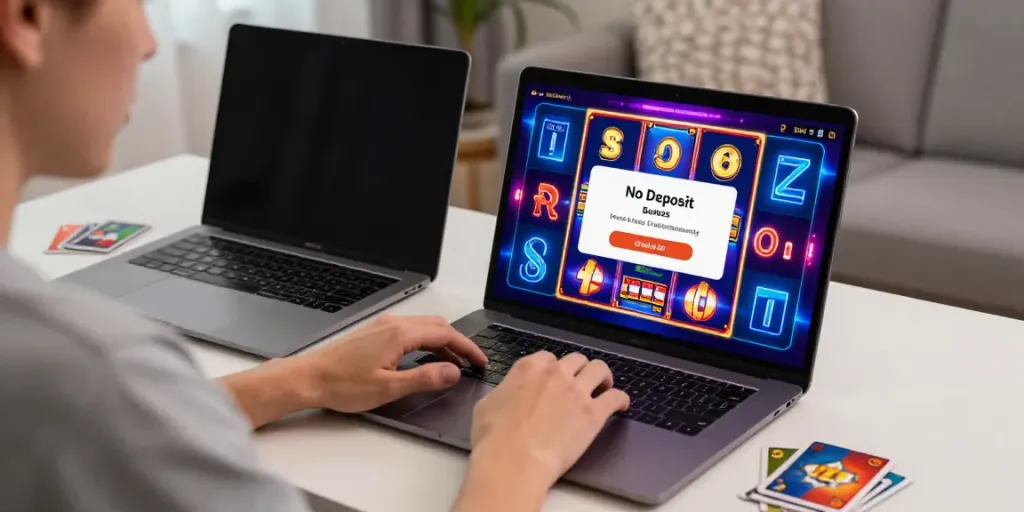 Player enjoying a casino bonus sans depot on a laptop with colorful gaming elements.