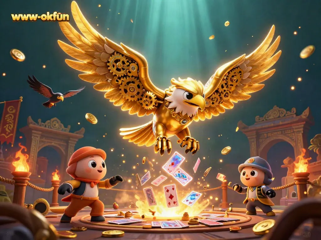 Experience thrilling gameplay with www-okfun as a cybernetic eagle dives through holographic cards and coins.