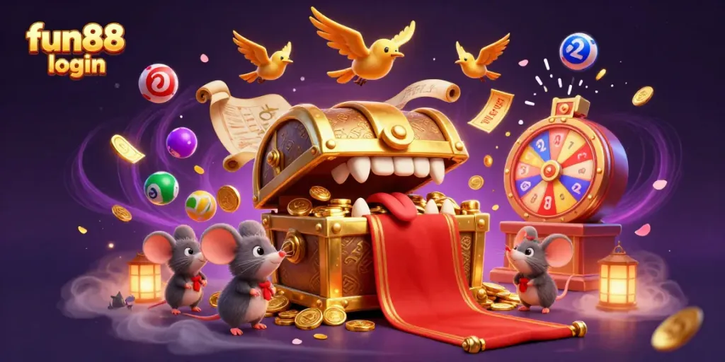 Experience the fun88 login with adventurous cartoon mice and colorful dynamic lottery elements.
