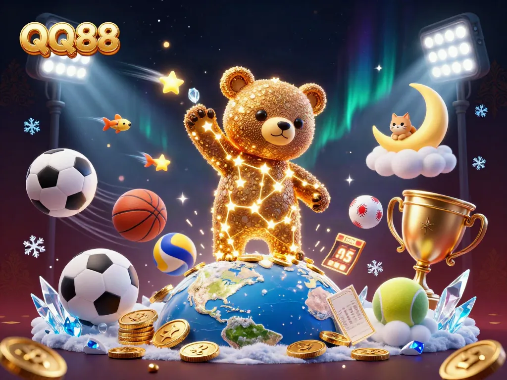QQ88 gaming experience with a constellation bear, sports balls, and dazzling effects.