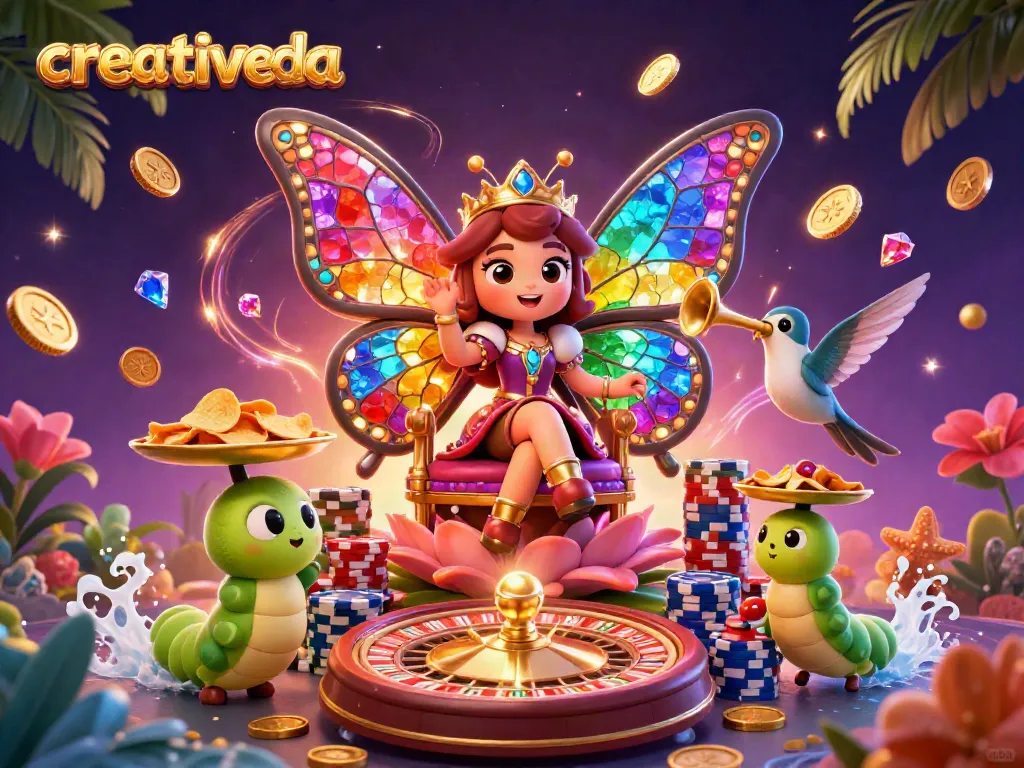 creatividea captures a vibrant fantasy casino scene featuring a butterfly queen with chip-bearing caterpillars amidst shimmering gold.