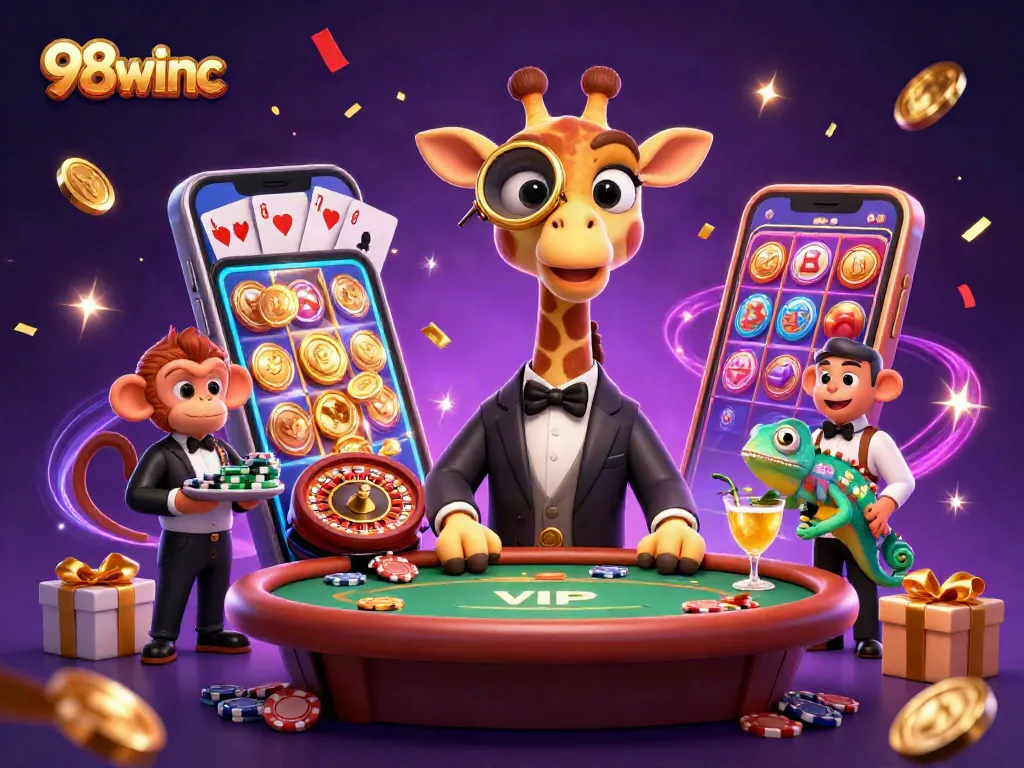Join the excitement at 98winc with a high-roller giraffe, monkey valet, and vibrant casino scene.