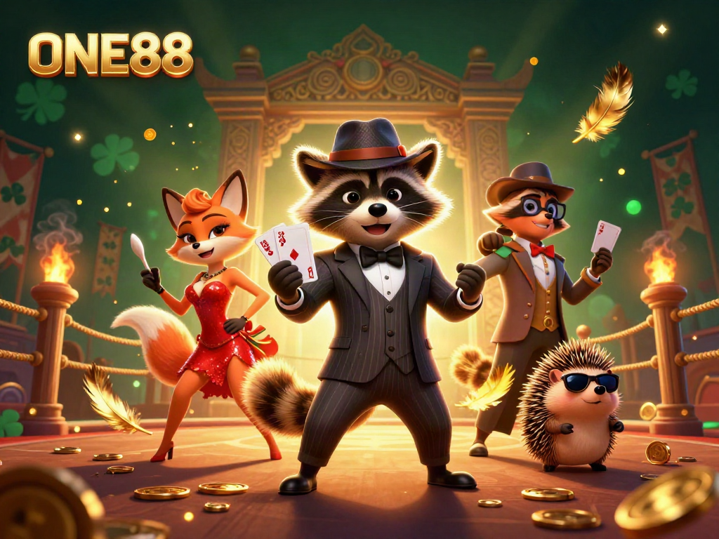 Win big at ONE88 with this vibrant illustration of a raccoon holding a royal flush amid casino excitement.
