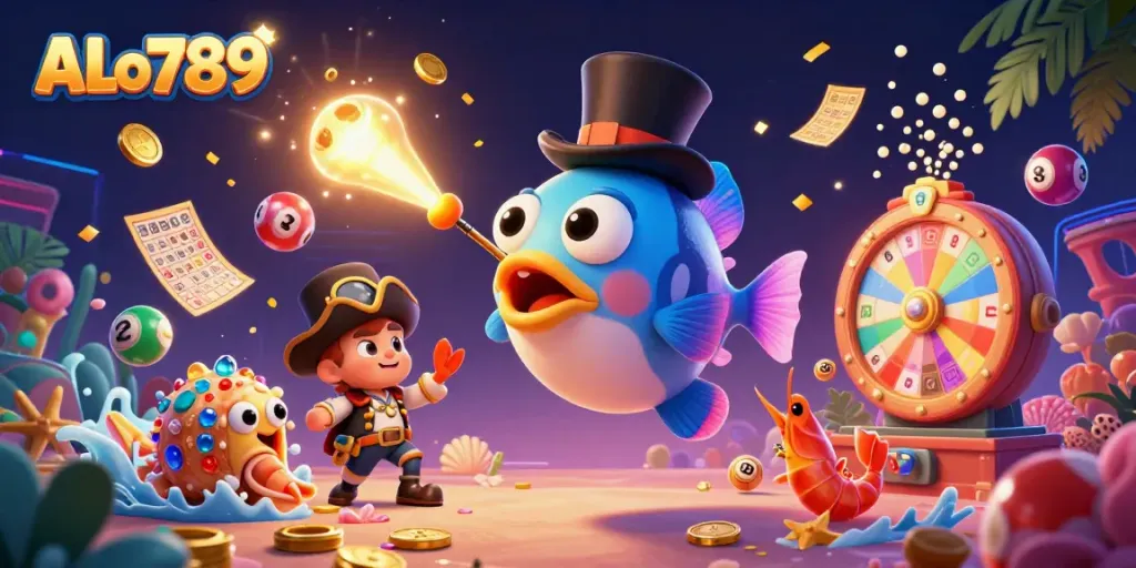 Engage with ALo789: A vibrant illustration of underwater characters celebrating casino wins with lottery elements.